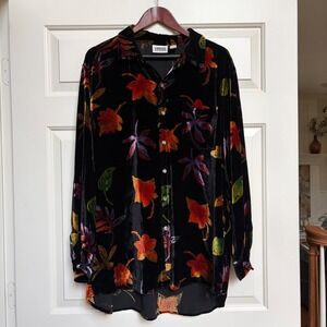 Chicos Design Silk Blend Velvet Botanical Button Down Shirt Black Size 3 XL Art